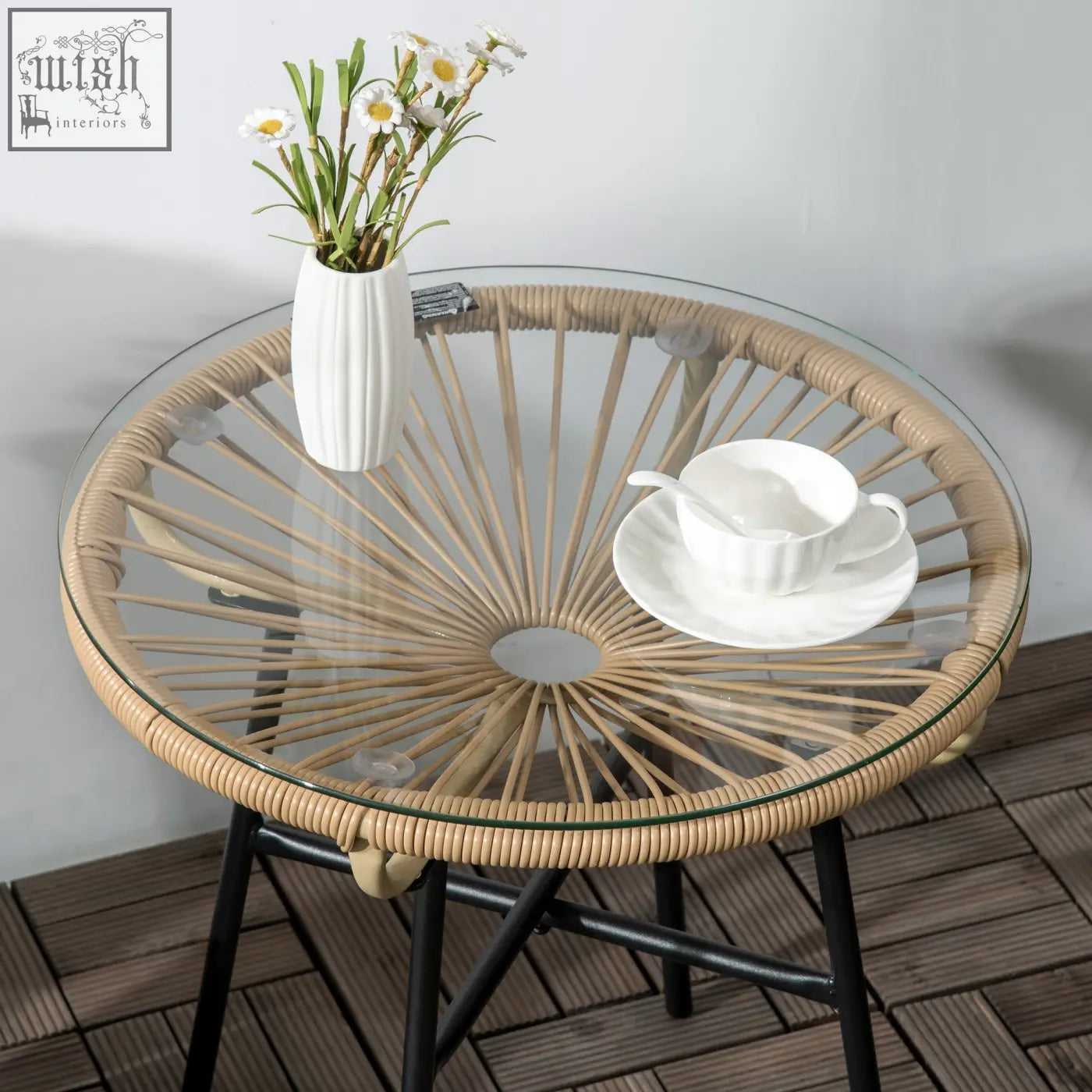 Outsunny rattan round side table with beige pe rattan, tempered glass table top, black metal legs, and protective foot pads