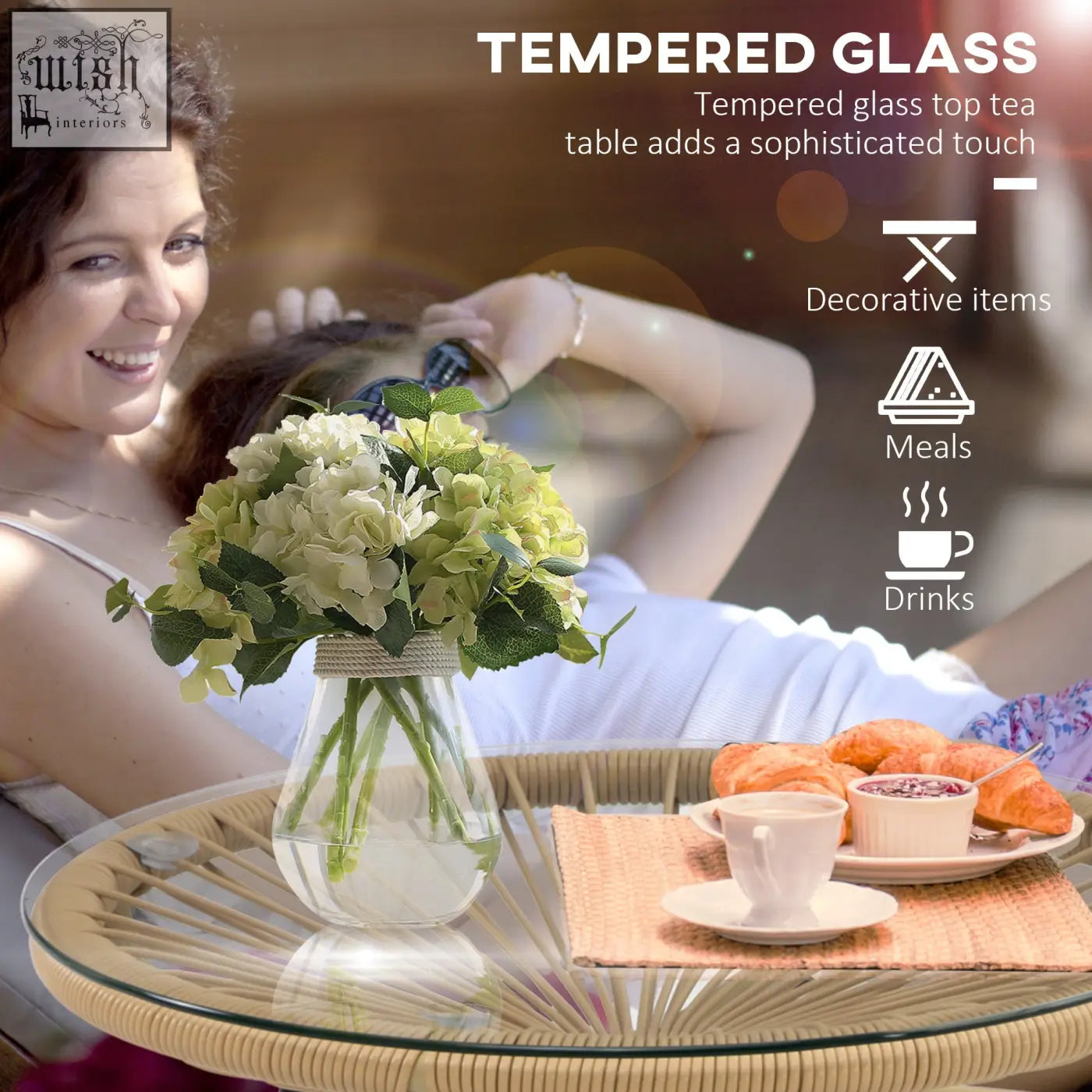 Clear curved glass vase with woven rope holding light green hydrangeas on beige outsunny rattan side table with tempered glass table top and protective foot pads