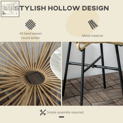 A beige outsunny rattan side table with round pe rattan, tempered glass table top, black metal legs, and protective foot pads