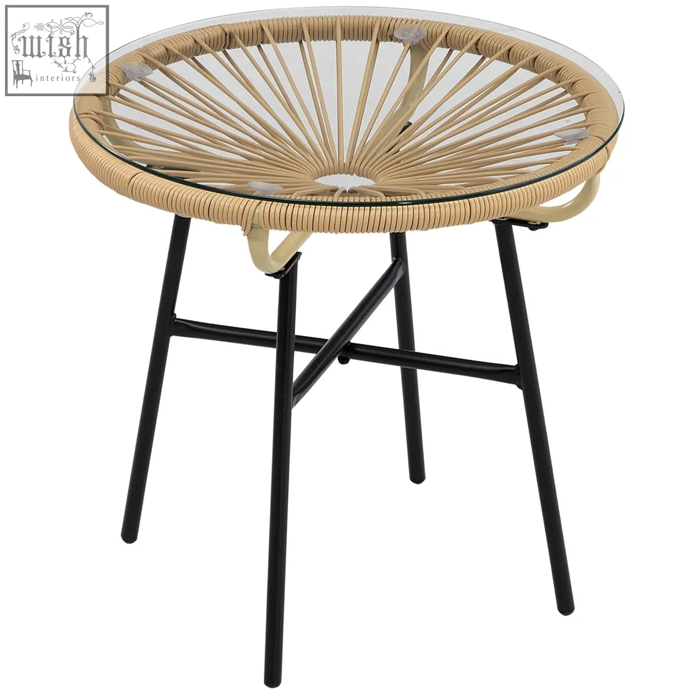 Outsunny beige rattan side table with black metal legs and tempered glass table top for patio with protective foot pads