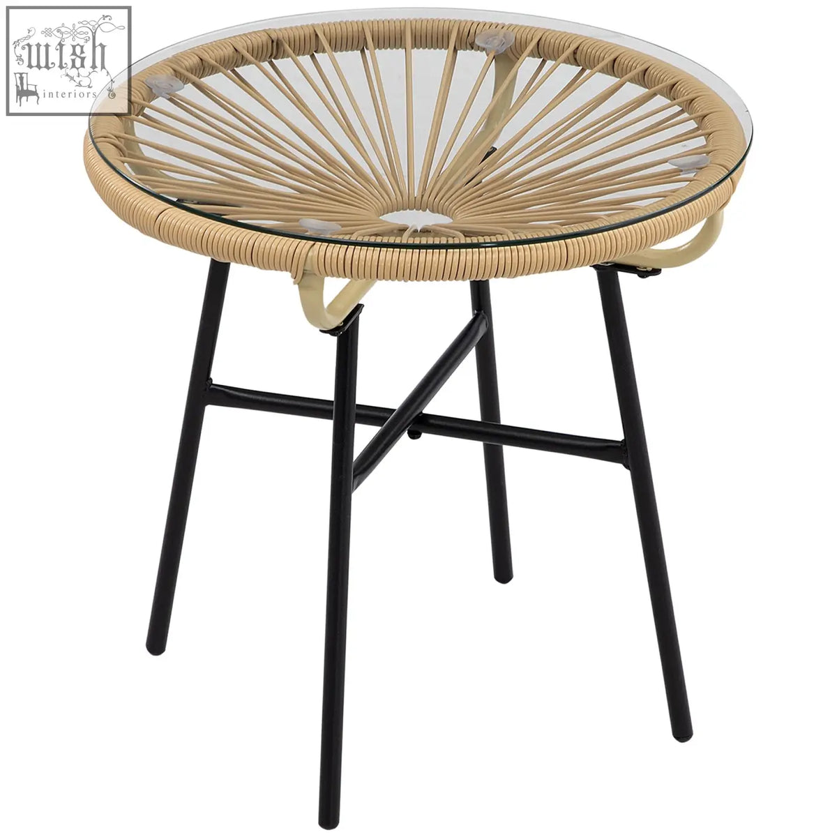 Outsunny beige rattan side table with black metal legs and tempered glass table top for patio with protective foot pads
