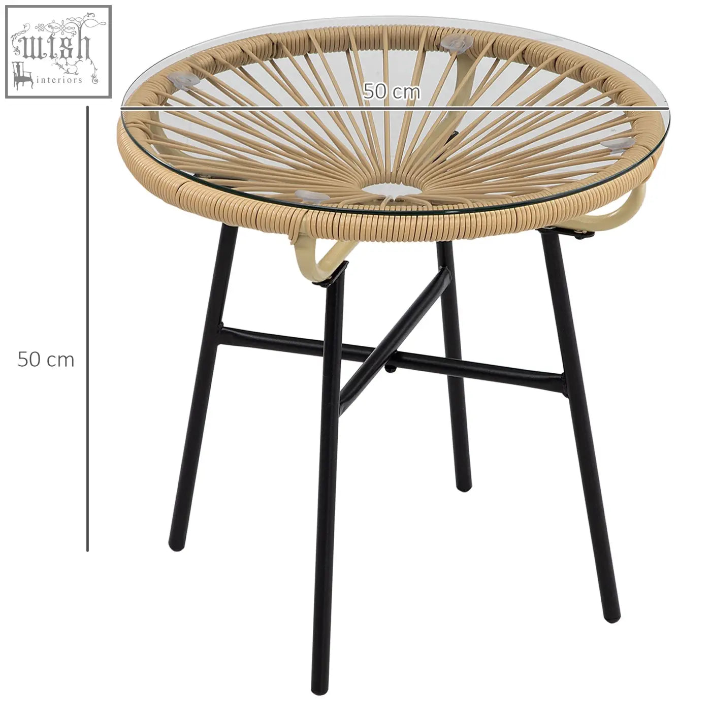 Outsunny beige rattan round side table with tempered glass table top and black metal legs for outdoor use