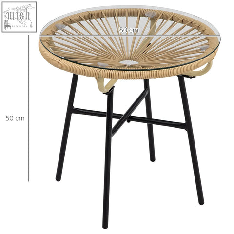 Outsunny beige rattan round side table with tempered glass table top and black metal legs for outdoor use