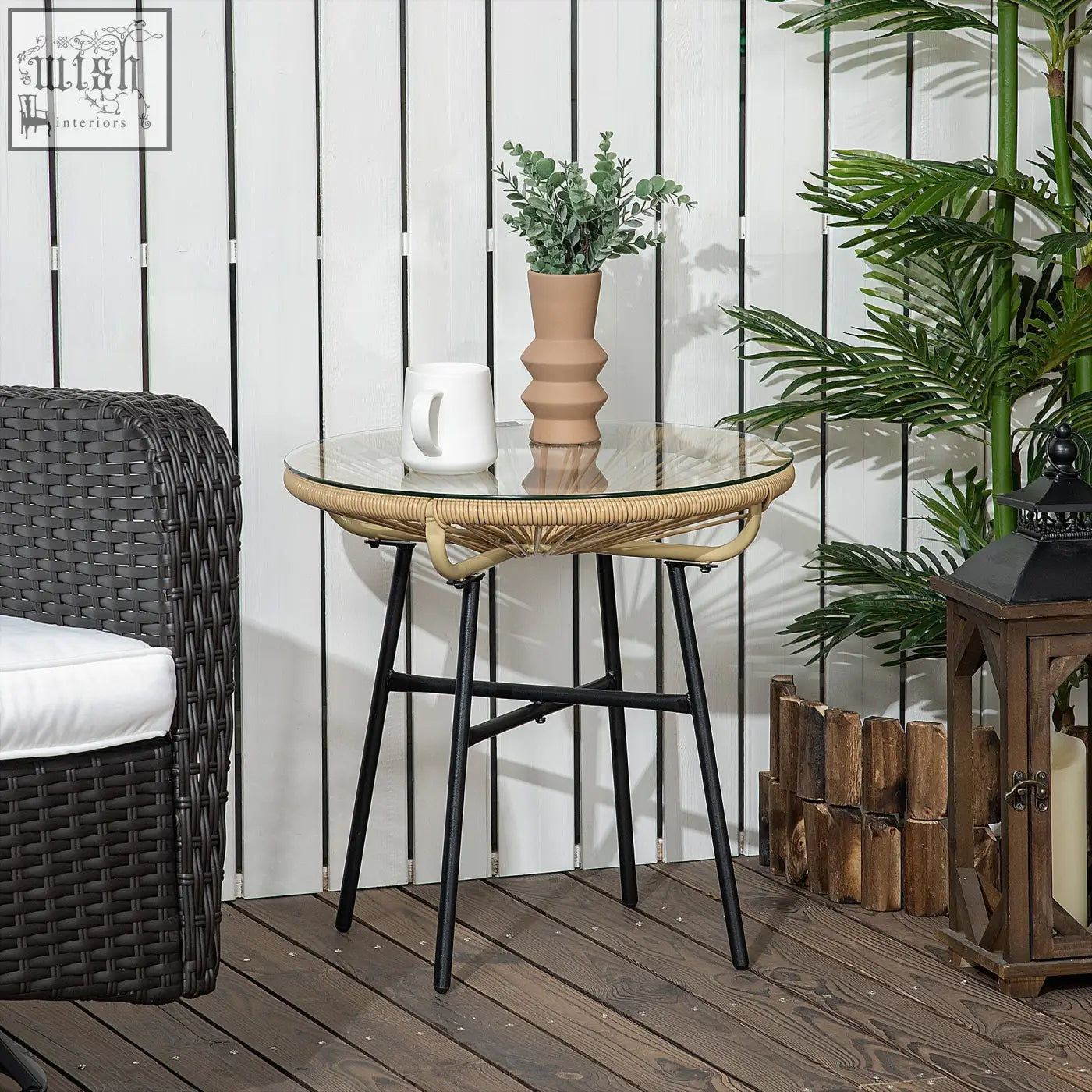 Outsunny rattan side table with beige round pe rattan, tempered glass table top, black metal legs, and protective foot pads