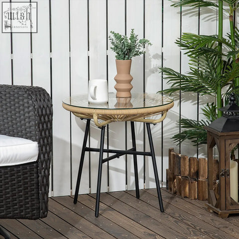 Outsunny rattan side table with beige round pe rattan, tempered glass table top, black metal legs, and protective foot pads