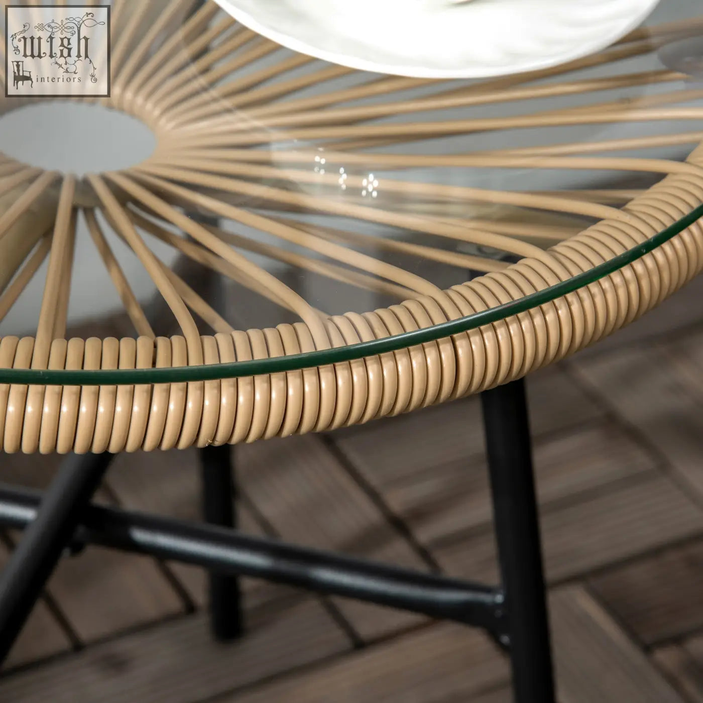 Beige outsunny rattan side table with green trim and tempered glass table top for patio with protective foot pads
