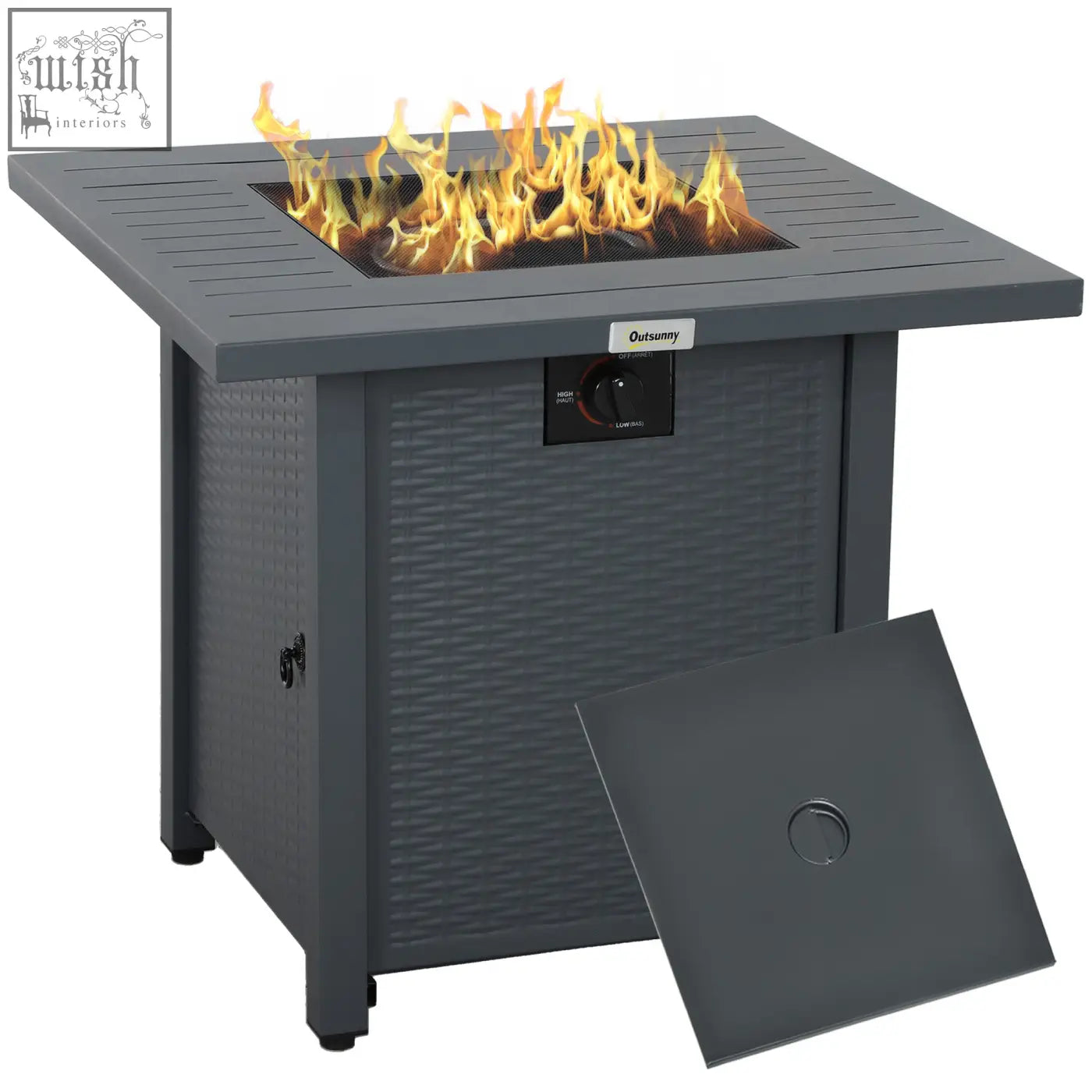 Dark gray outsunny rattan-style propane pit table with 40000 btu burner and mesh guard burning flame outdoors