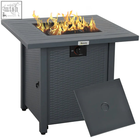 Dark gray outsunny rattan-style propane pit table with 40000 btu burner and mesh guard burning flame outdoors