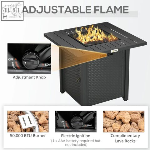 Black outsunny rattan-style square pit table with 40000 btu burner mesh guard and electric ignition for outdoor use