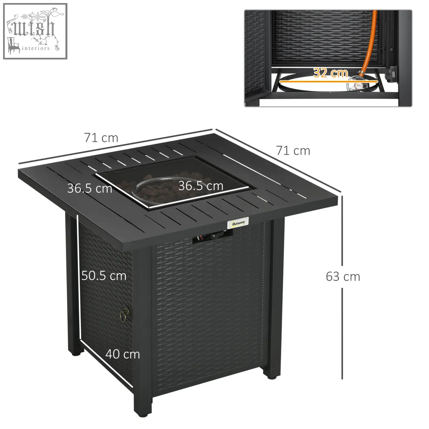 Black wicker outsunny rattan-style pit table with 40000 btu burner mesh guard and square smokeless firepit top