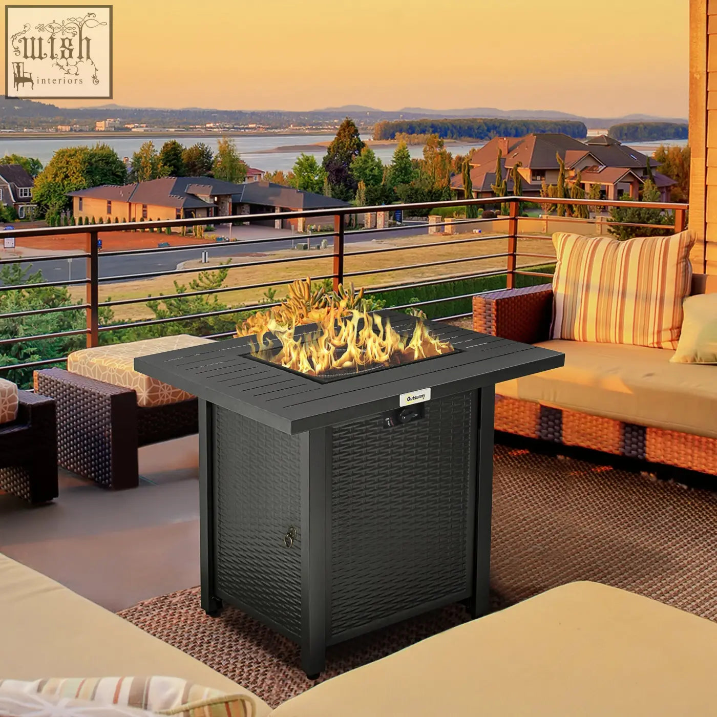 Black wicker-style outsunny pit table with 40000 btu burner and mesh guard showing flames inside square top