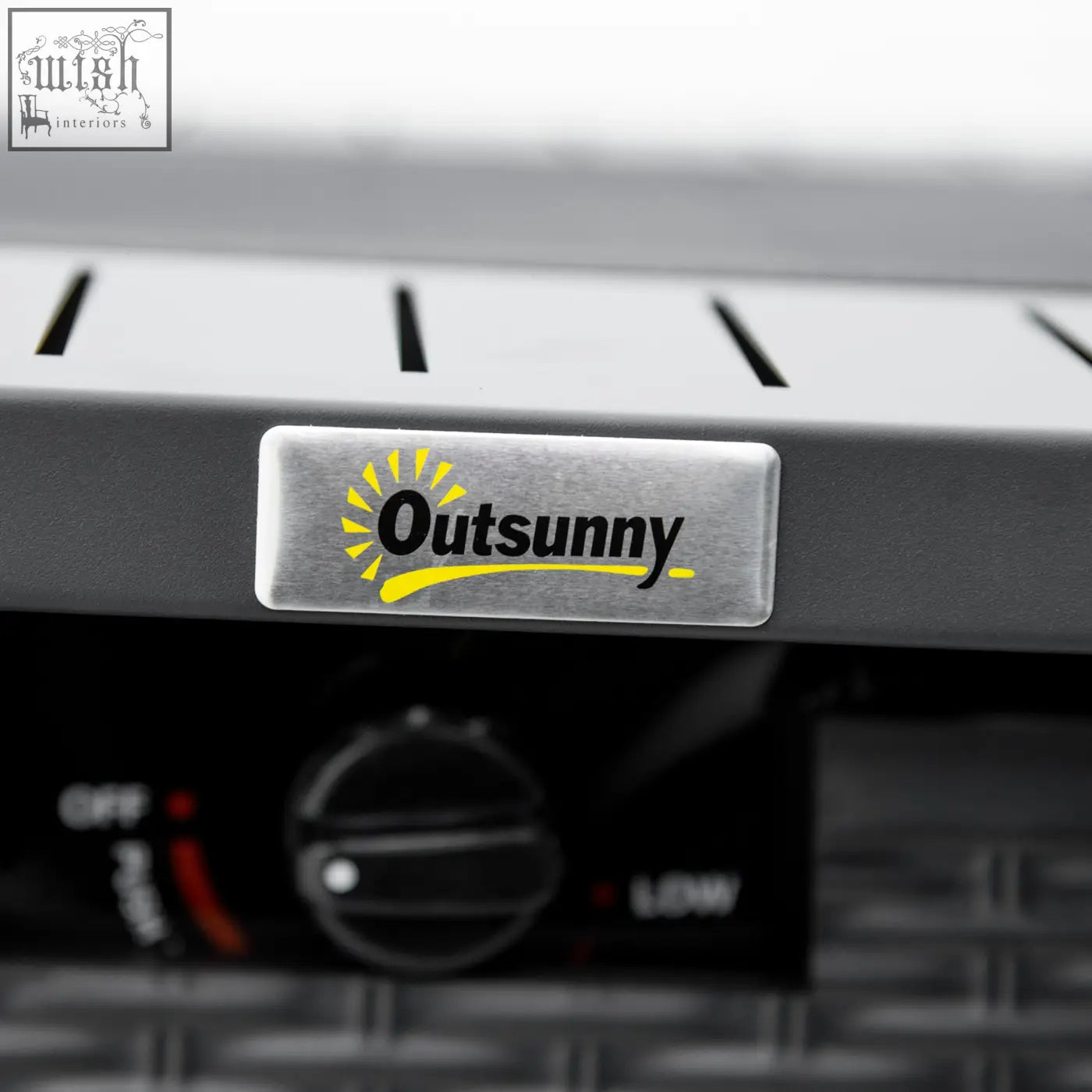Silver rectangular sticker with yellow sun logo and black outsunny text on black rattan-style pit table with btu burner and mesh guard