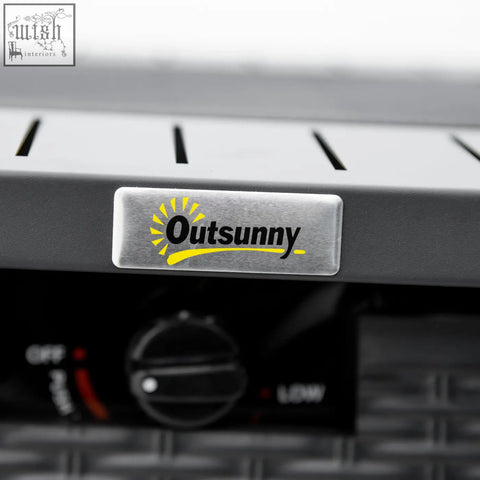 Silver rectangular sticker with yellow sun logo and black outsunny text on black rattan-style pit table with btu burner and mesh guard