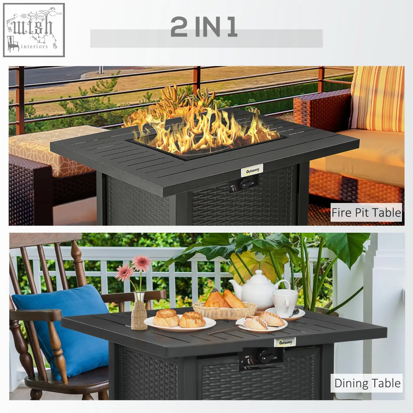 Black wicker 2-in-1 pit table with 40000 btu burner, mesh guard, storage compartment, and lava rocks by Outsunny