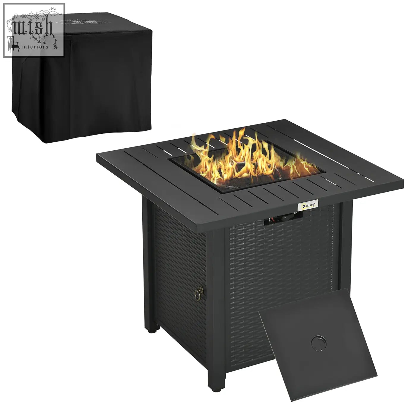 Black wicker-style outsunny rattan pit table with 40,000 btu burner, glass flame, mesh guard, and matching cover