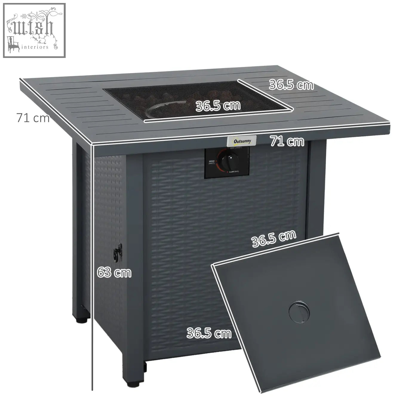 Dark gray outsunny rattan-style pit table with 40000 btu burner and black mesh guard for outdoor use