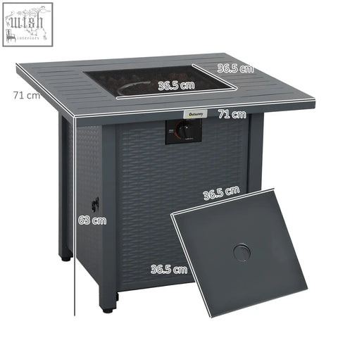 Dark gray outsunny rattan-style pit table with 40000 btu burner and black mesh guard for outdoor use