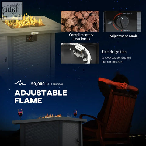 Gray outsunny rattan-style pit table with 40,000 btu burner, mesh guard, adjustable flame, and electric ignition