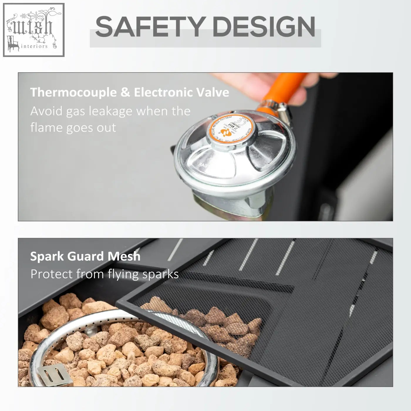 Silver thermocouple and orange valve assembly on black outsunny rattan-style pit table with 40000 btu burner and mesh guard