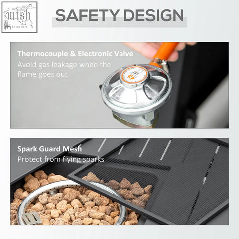 Silver thermocouple and orange valve assembly on black outsunny rattan-style pit table with 40000 btu burner and mesh guard
