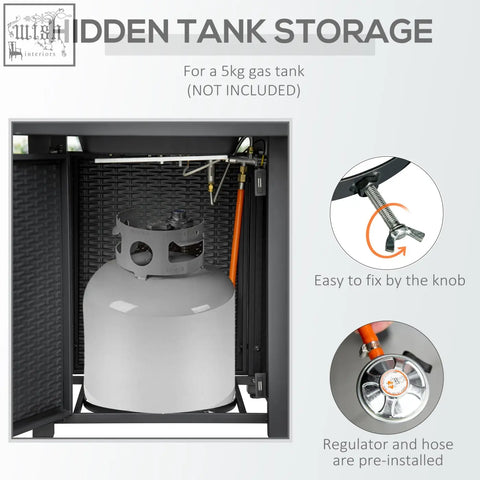 Gray cylindrical gas tank with metallic top and fittings for hidden storage in outsunny rattan-style pit table with btu burner and mesh guard