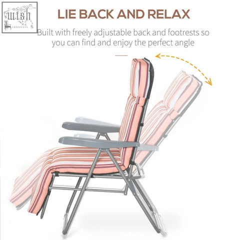 Outsunny reclining garden chair set of 2 with pink and white cushions and grey powder coated tubular steel frame
