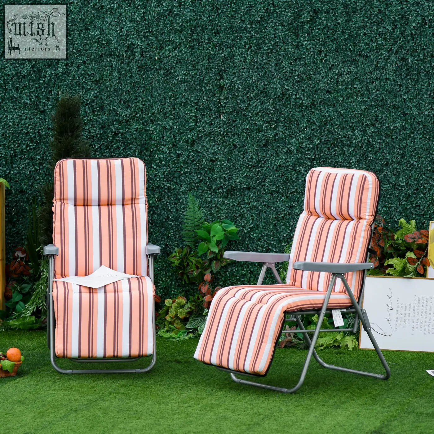 Two outsunny reclining garden chairs with peach striped cushions on grey powder coated tubular steel frames for patio use