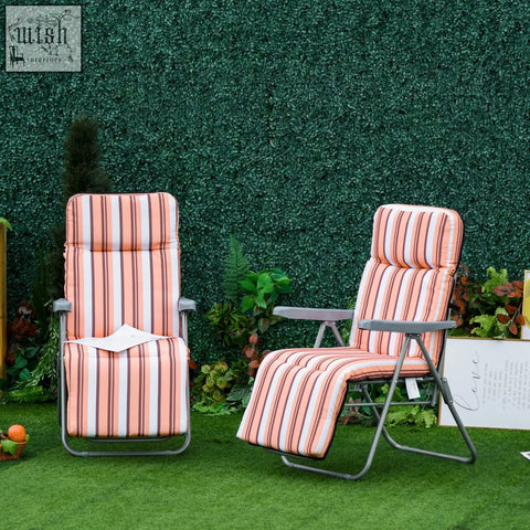 Two outsunny reclining garden chairs with peach striped cushions on grey powder coated tubular steel frames for patio use