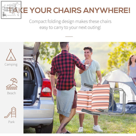 Outsunny folding reclining garden chair set of 2 with striped orange cushion and grey powder coated tubular steel frame