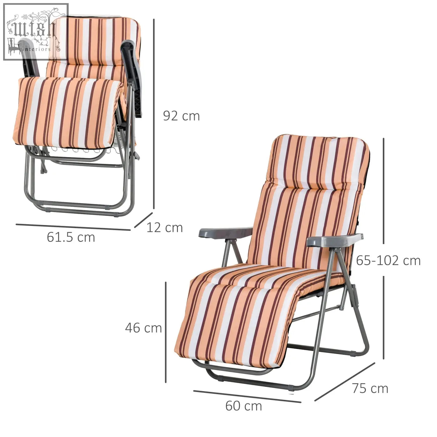Adjustable outsunny reclining garden chair set of 2 with striped peach cushions and grey powder coated tubular steel frame