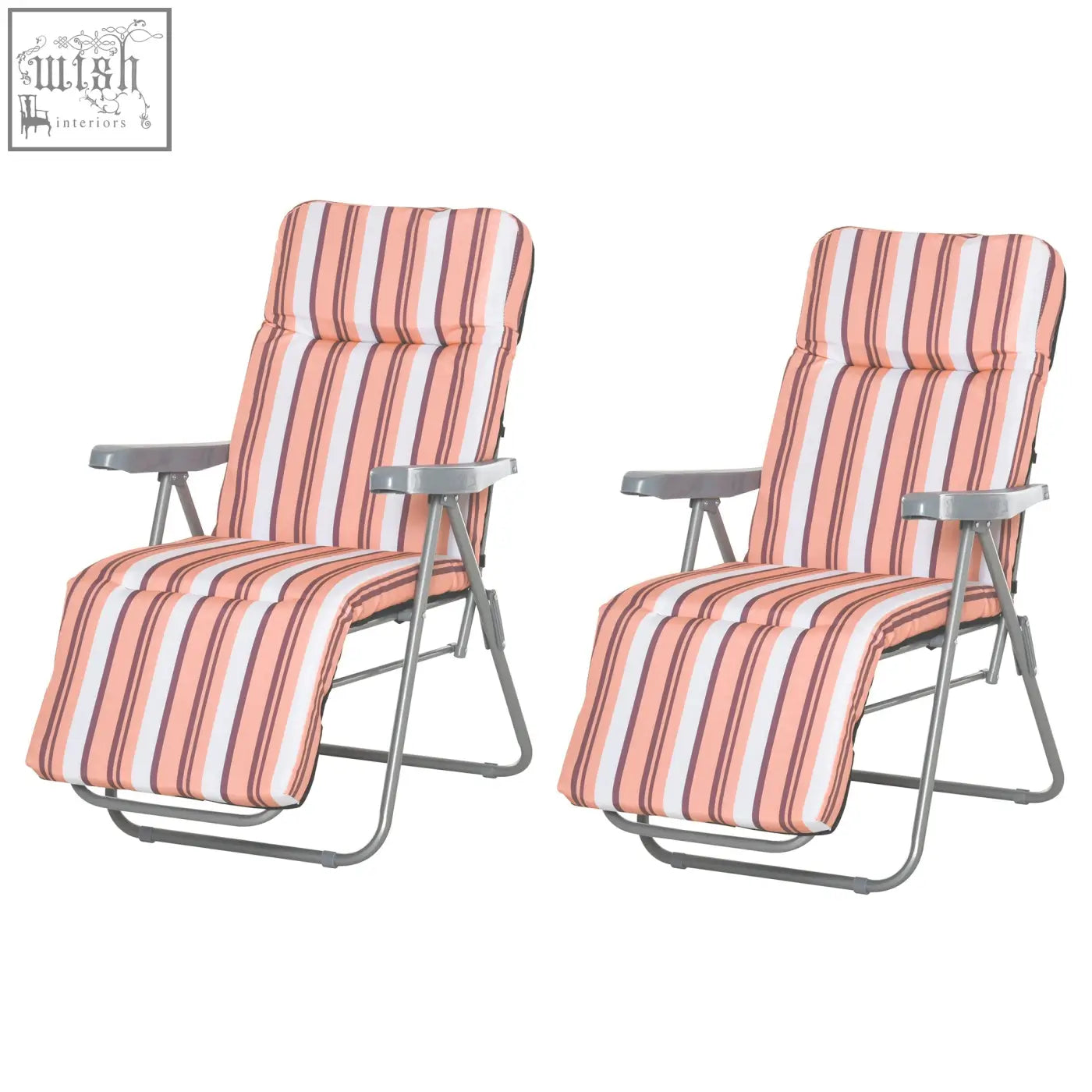 Pair of pink and white striped outsunny reclining garden chairs with grey powder coated tubular steel frames and cushions