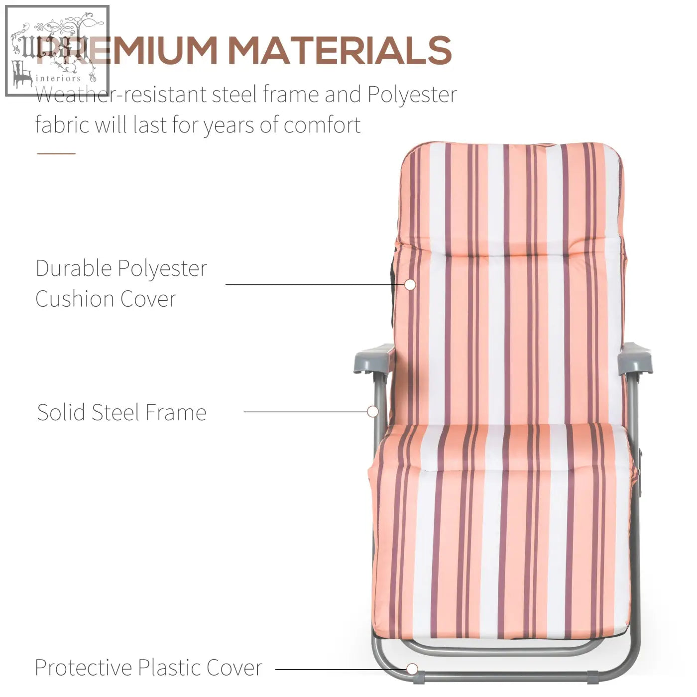 Outsunny reclining garden chair set of 2 with pink white striped cushions and grey powder coated tubular steel frame