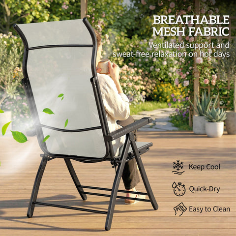 Black-framed folding garden recliner chair with light gray breathable mesh seat and back in outsunny set of 2