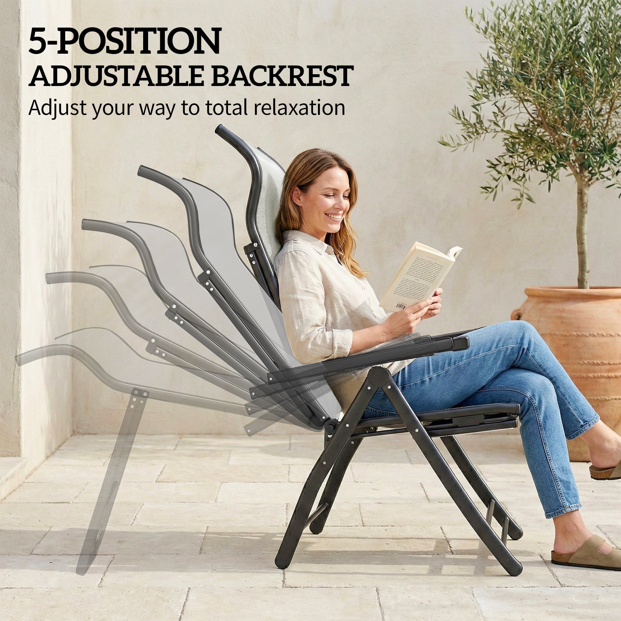 Black metal-framed garden recliner chair with gray mesh backrest and adjustable 5-position folding recline