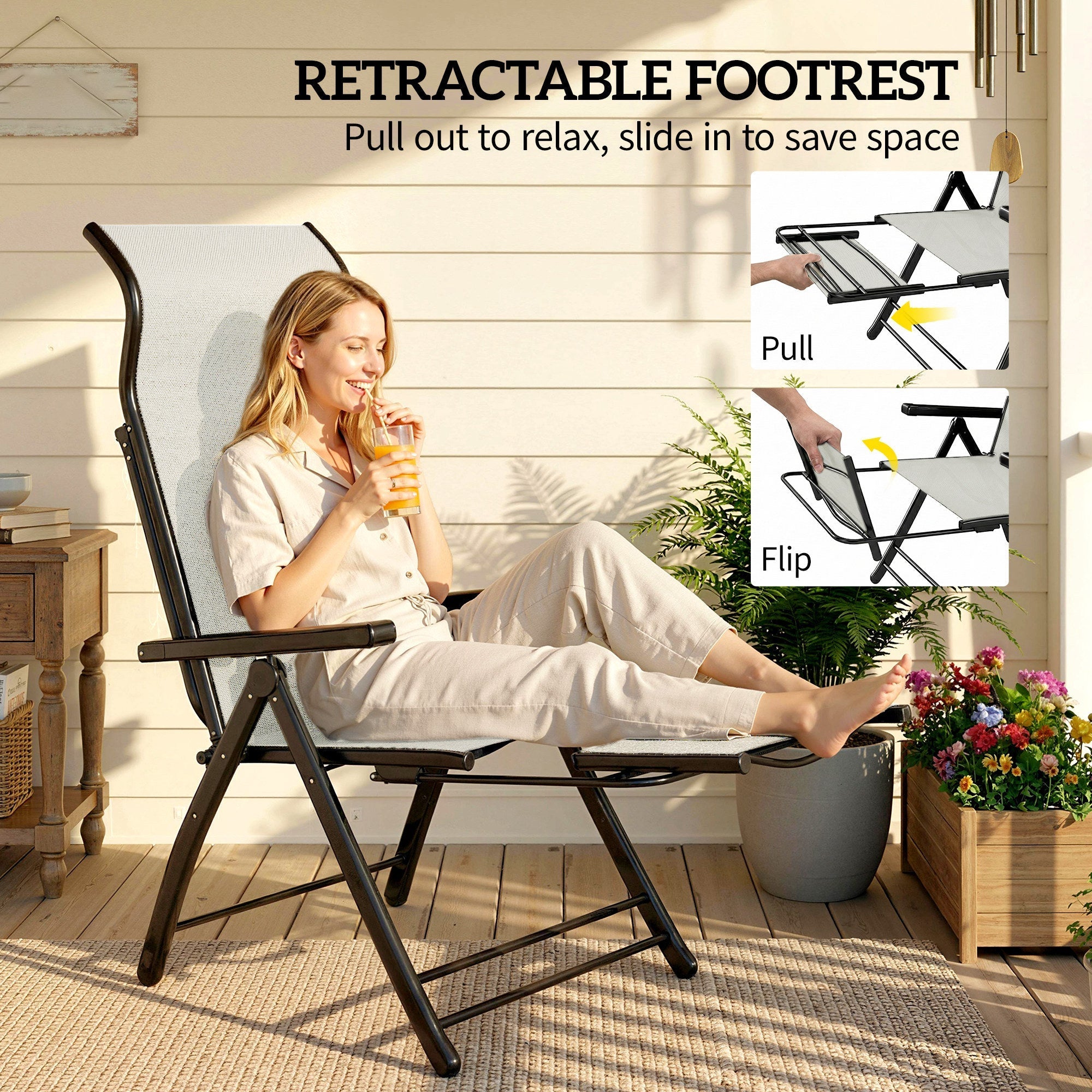 Outsunny folding garden recliner chair set of 2 with black metal frame, light gray mesh fabric, and retractable footrest