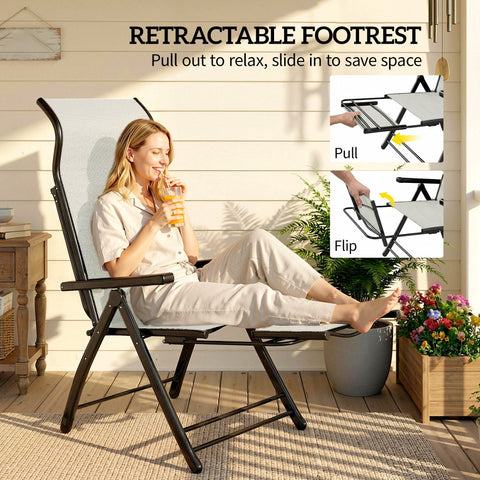 Outsunny folding garden recliner chair set of 2 with black metal frame, light gray mesh fabric, and retractable footrest