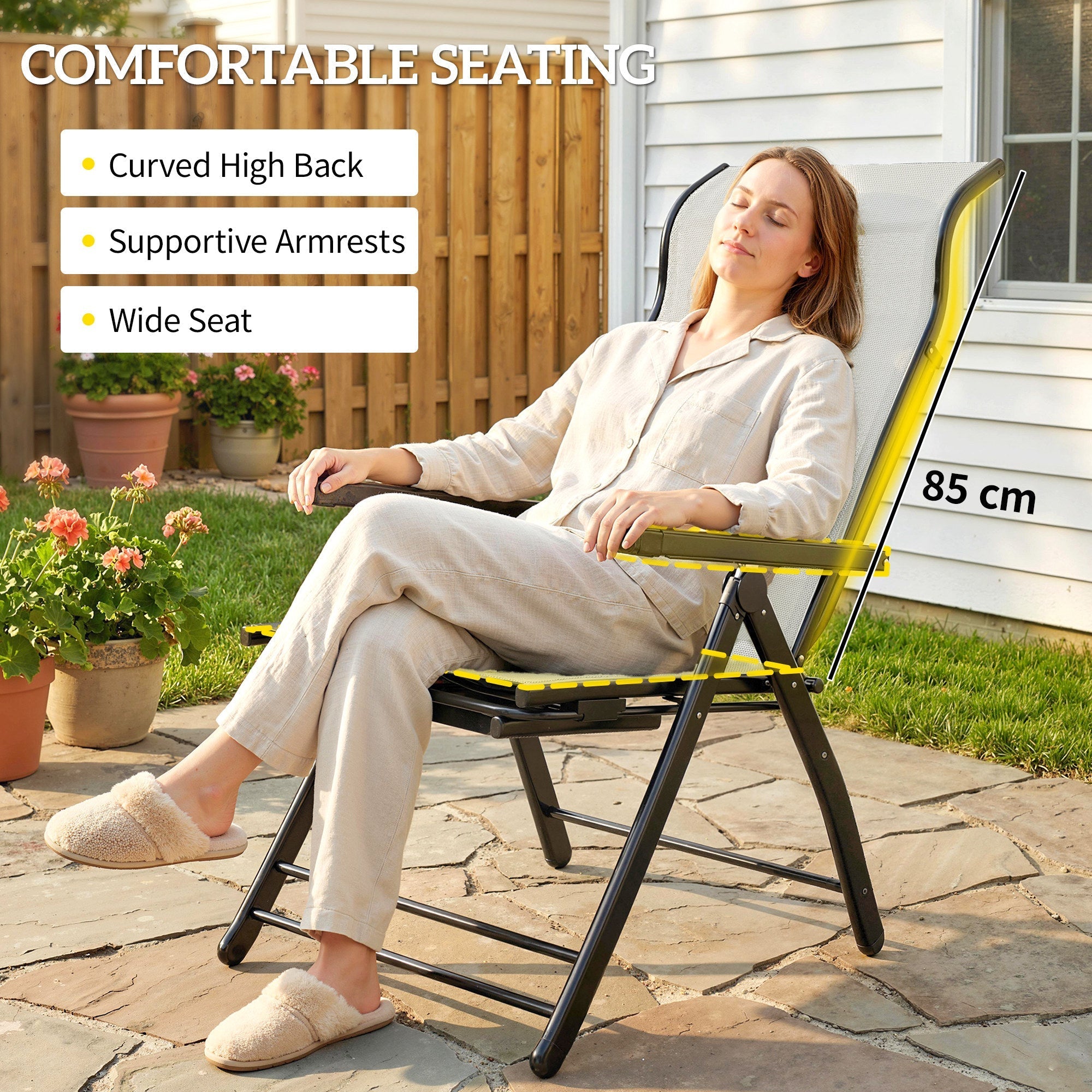 Yellow and black folding garden recliner chair with curved high back supportive armrests and wide seat for outdoor use