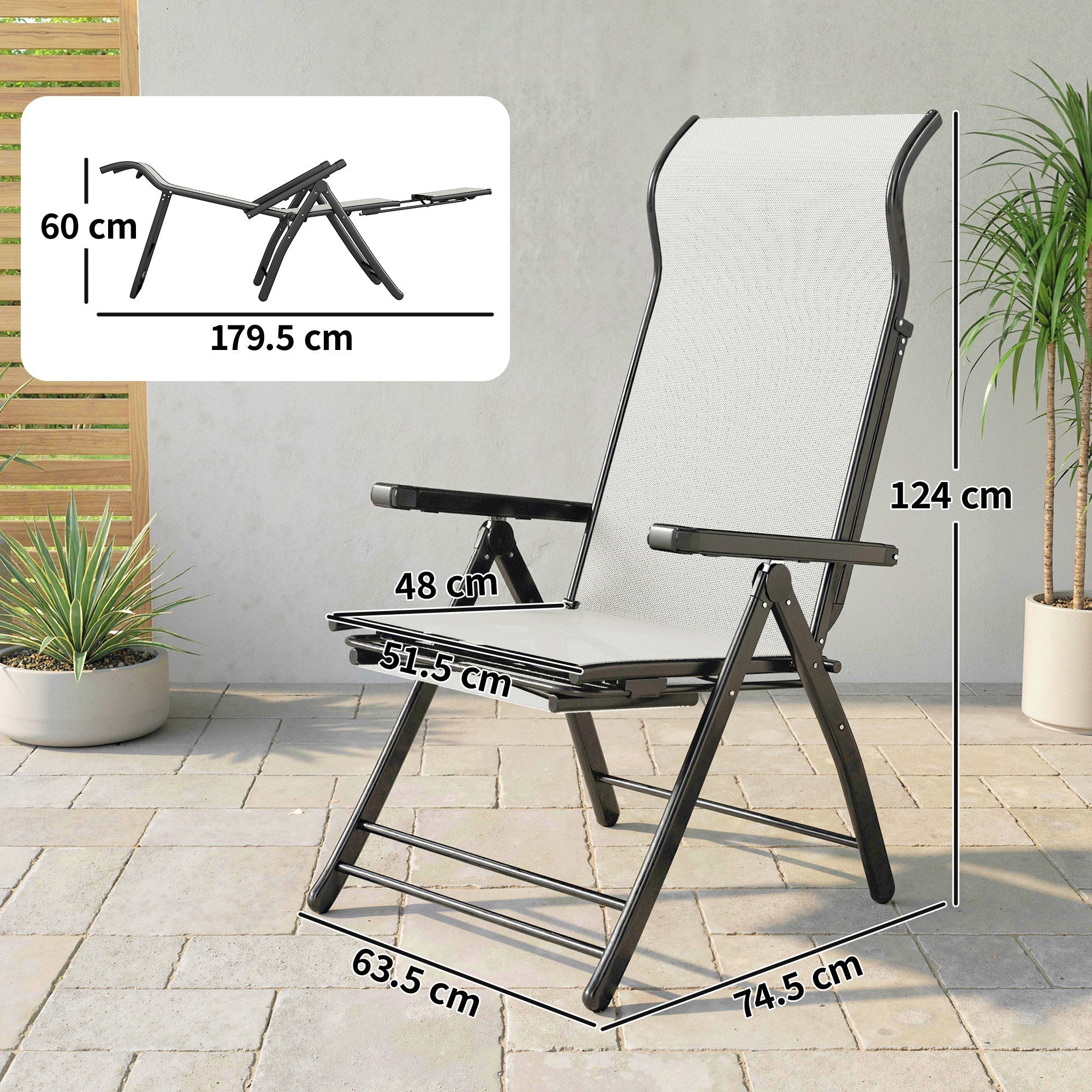 Black framed folding garden recliner chair with light gray mesh and adjustable armrests and leg supports