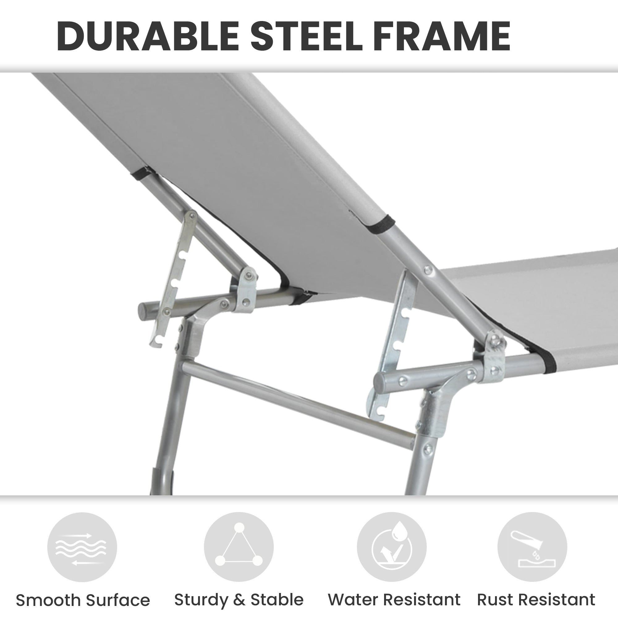 Gray fabric reclining sun lounger with durable steel frame folding camping bed ideal for outdoor activities