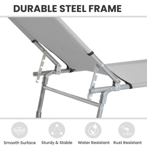 Gray fabric reclining sun lounger with durable steel frame folding camping bed ideal for outdoor activities