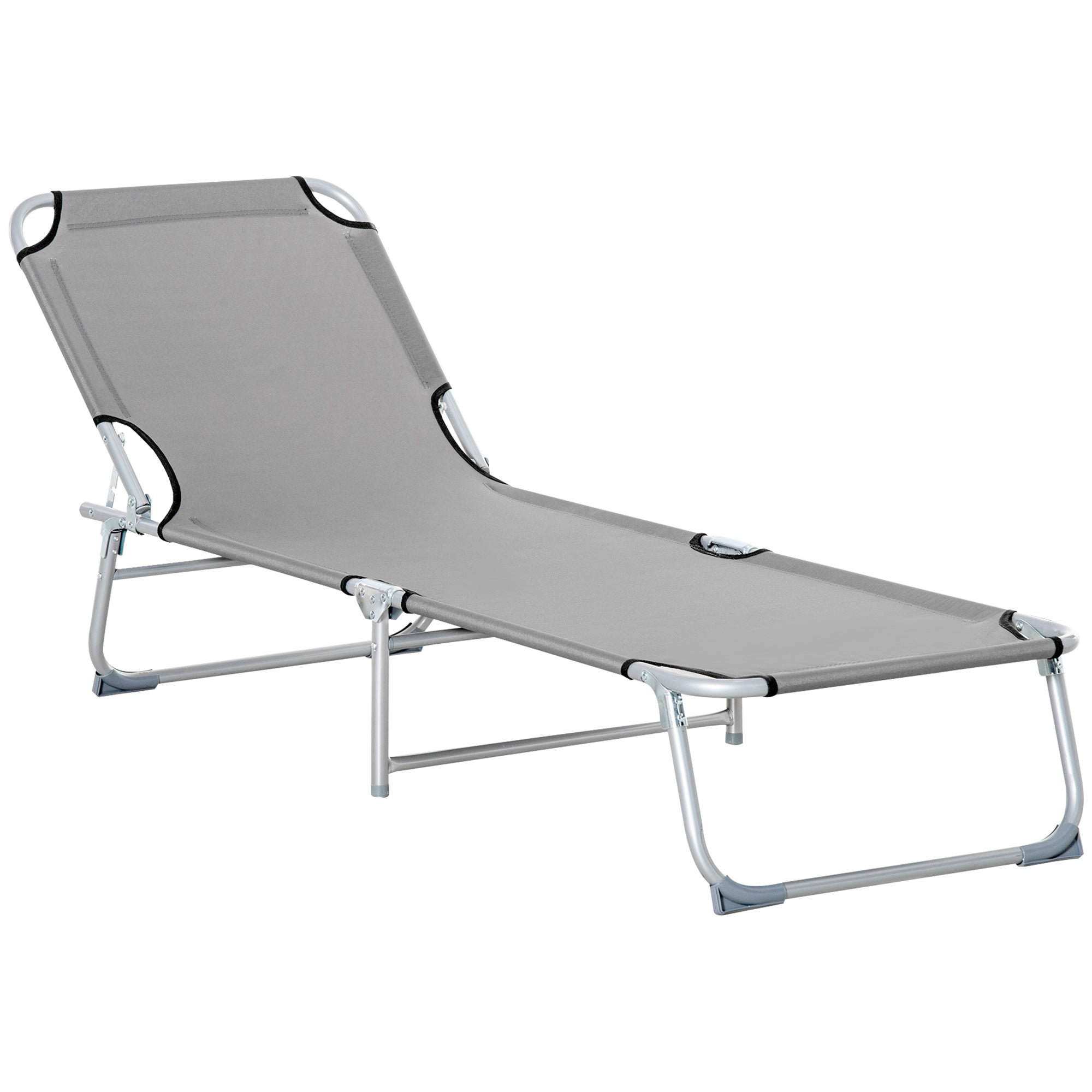 Gray fabric reclining sun lounger with silver metal frame and black trim perfect for outdoor activities and camping bed use
