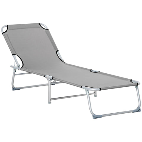 Gray fabric reclining sun lounger with silver metal frame and black trim perfect for outdoor activities and camping bed use