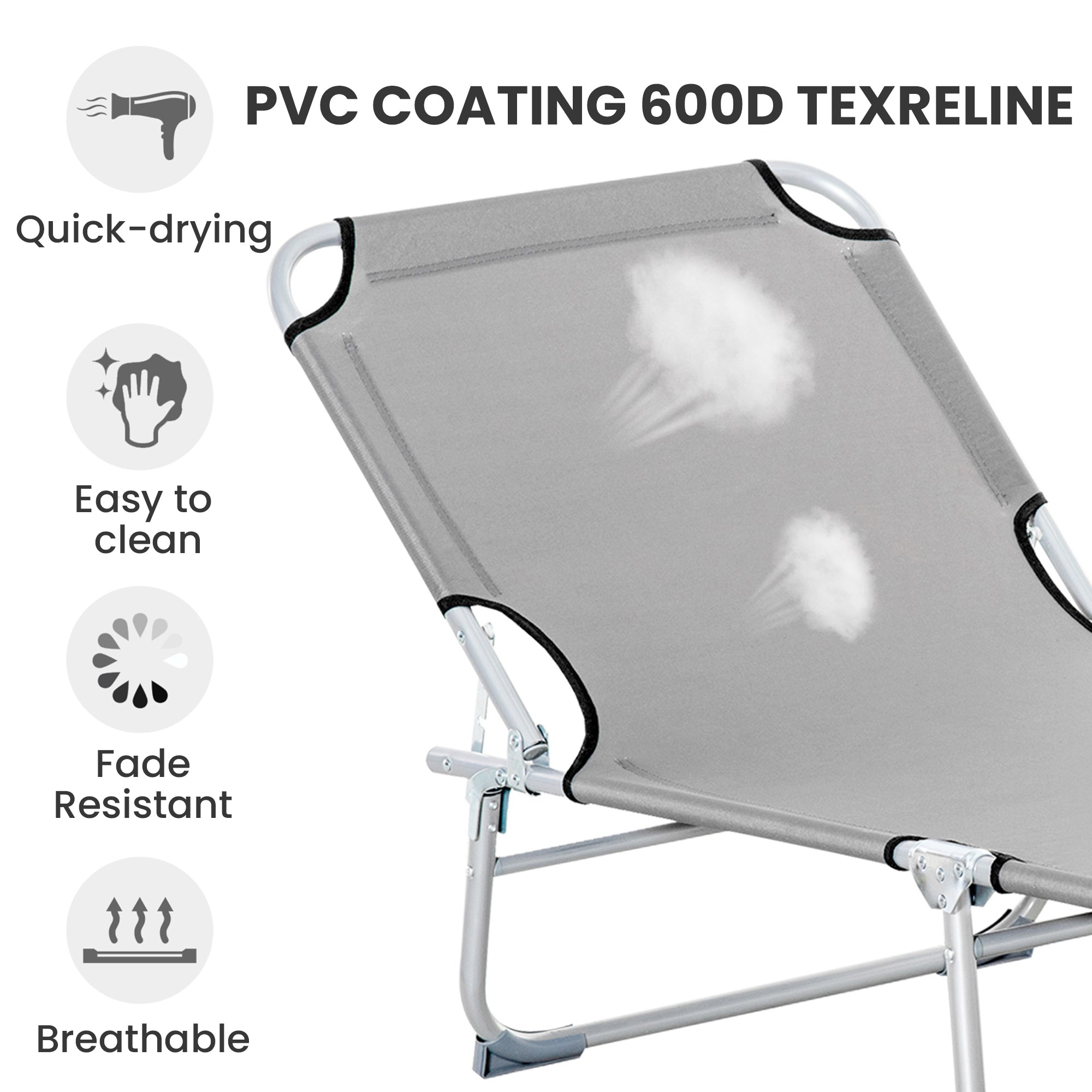 Outsunny reclining sun lounger folding camping bed with gray pvc-coated 600d texreline and silver metal frame for outdoor activities