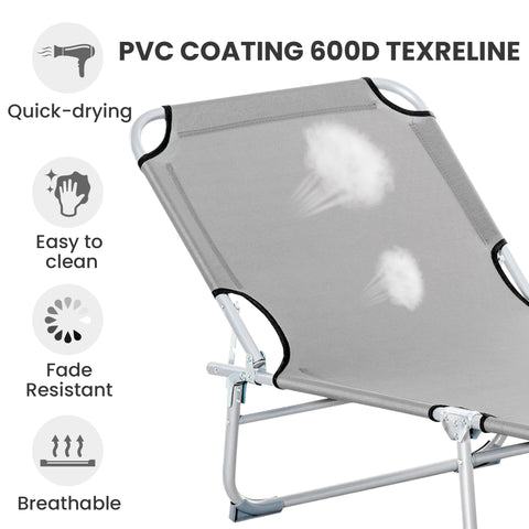 Outsunny reclining sun lounger folding camping bed with gray pvc-coated 600d texreline and silver metal frame for outdoor activities