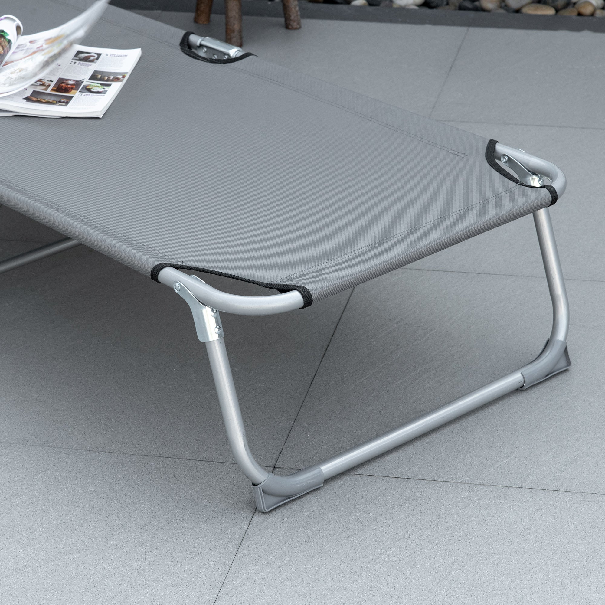 Outsunny reclining sun lounger folding camping bed in grey mesh fabric with silver metal frame for outdoor activities