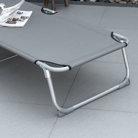 Outsunny reclining sun lounger folding camping bed in grey mesh fabric with silver metal frame for outdoor activities