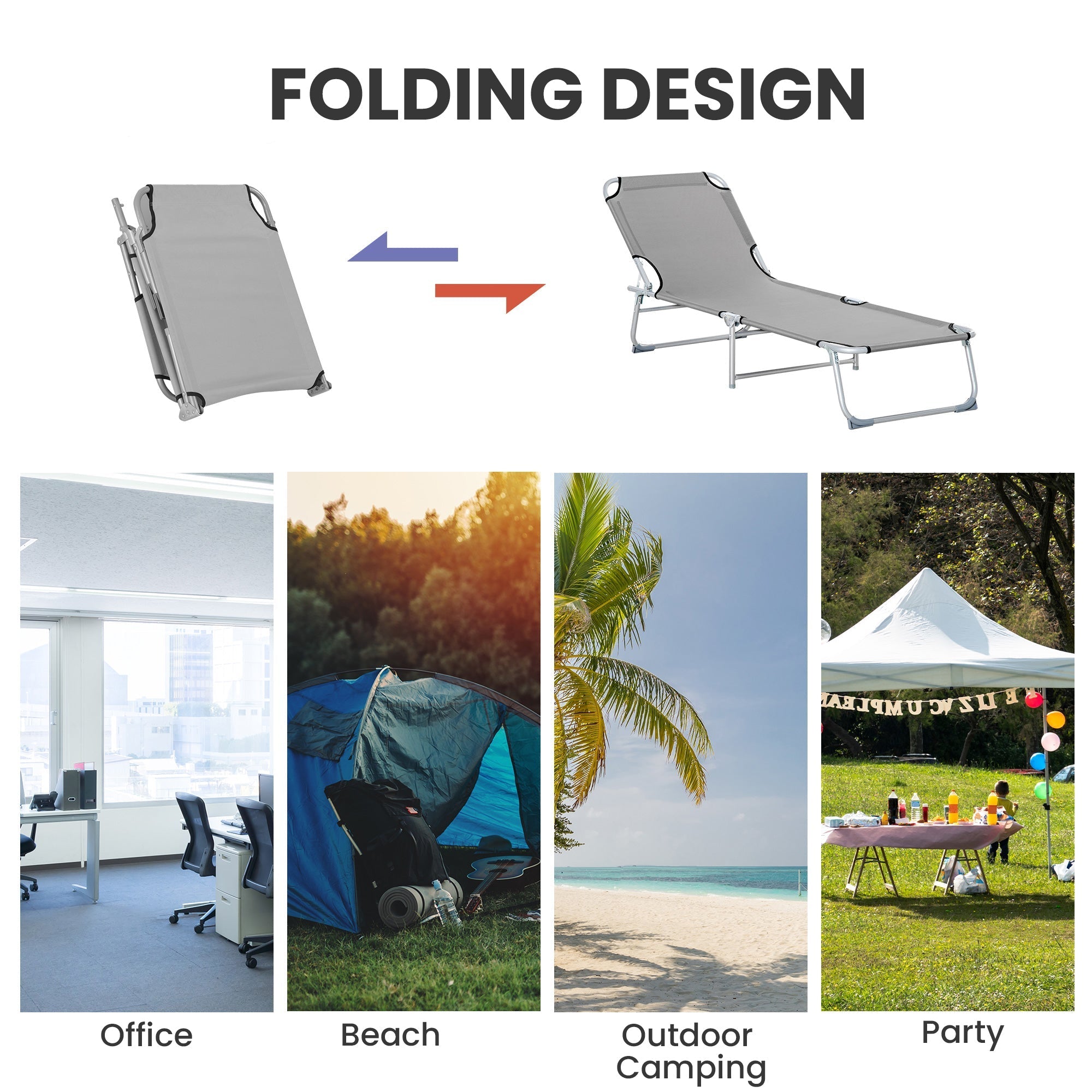 Gray folding camping bed with metal frame and 4-position adjustable backrest for outdoor activities and reclining sun lounger use