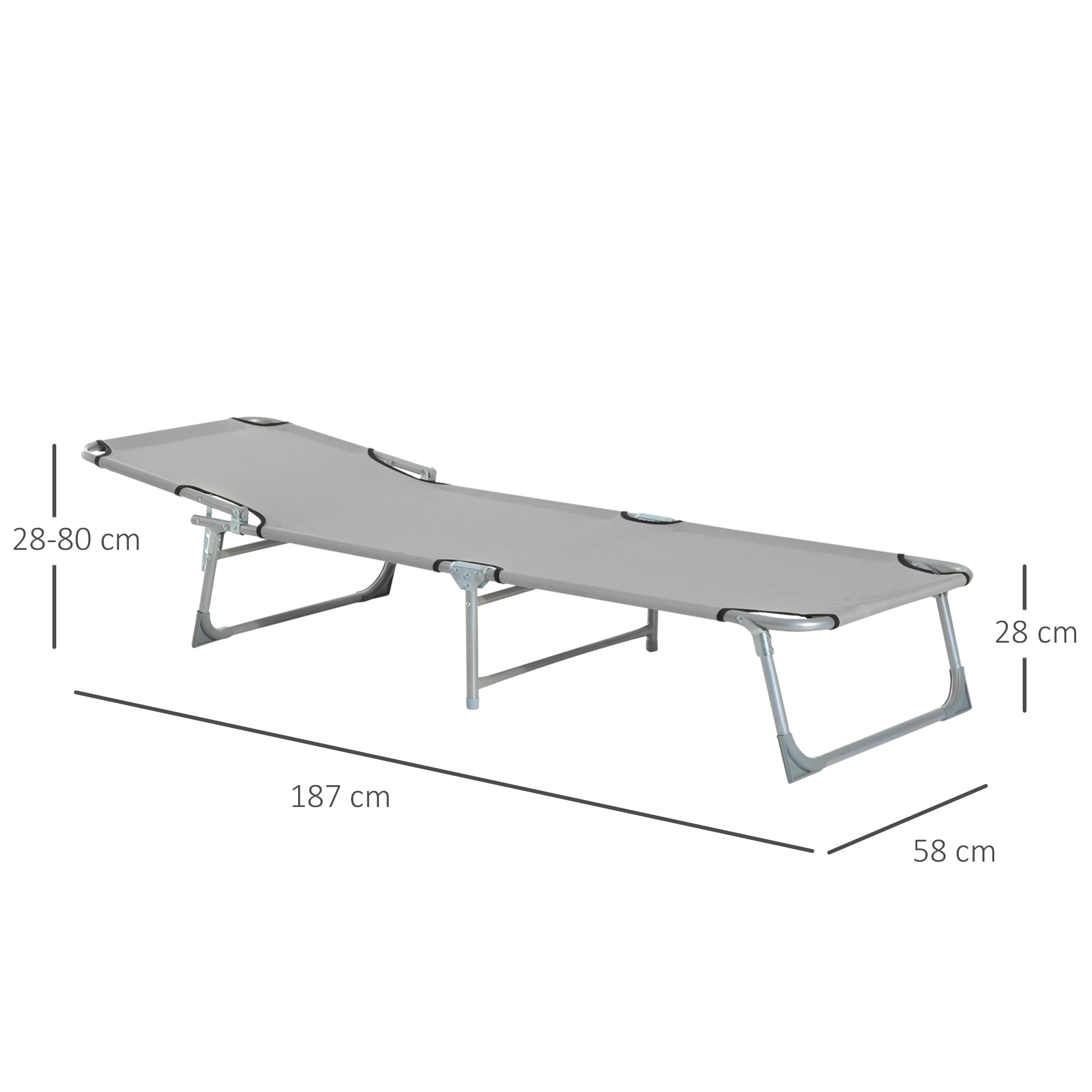 Gray fabric folding camping bed with silver metal frame and adjustable legs perfect for outdoor activities and reclining sun lounger use