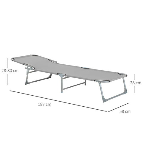 Gray fabric folding camping bed with silver metal frame and adjustable legs perfect for outdoor activities and reclining sun lounger use