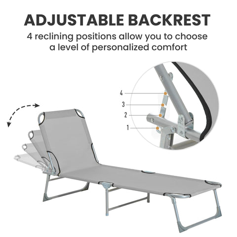 Gray fabric reclining sun lounger with adjustable metal frame and backrest ideal for outdoor activities and camping bed use